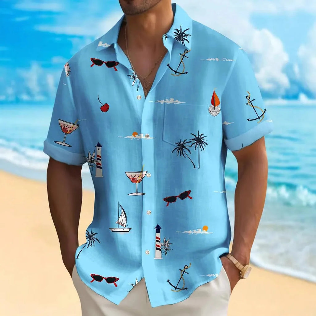 Men's loose-fit digital print Hawaiian shirt in polyester on a hanger.