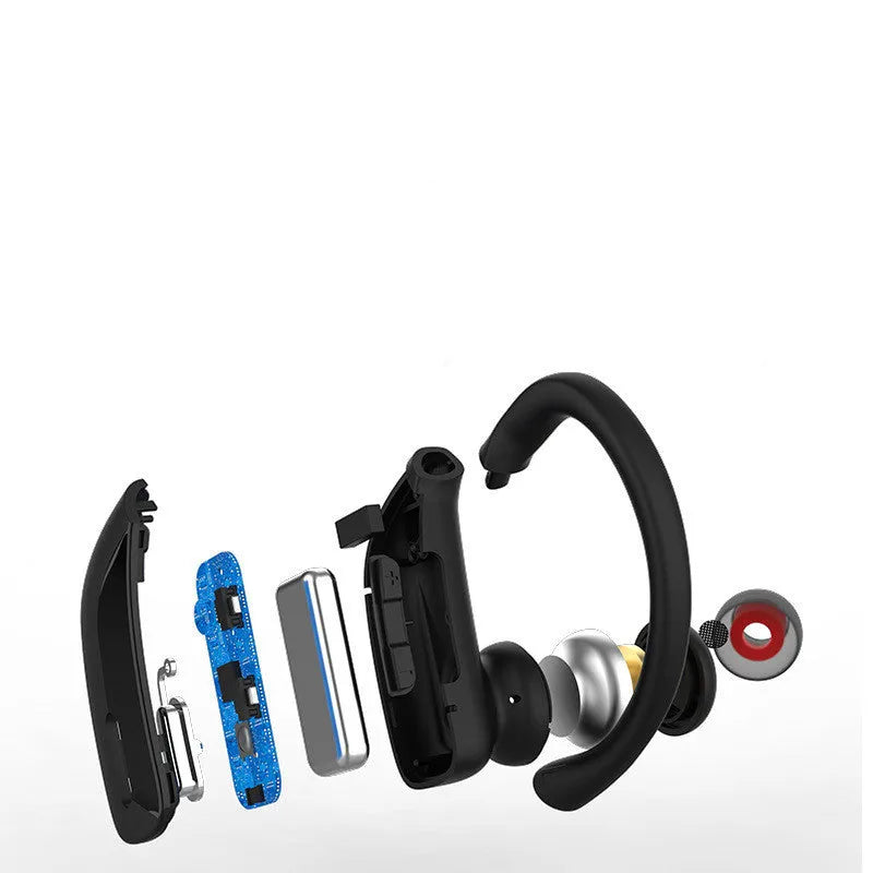 Black wireless Bluetooth headset with LED digital display and hanging ear design