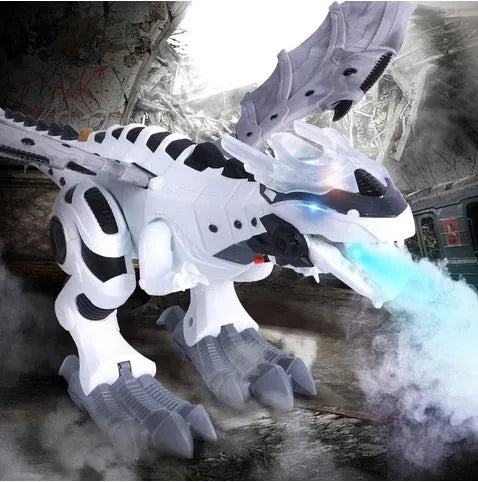 Remote control dinosaur robot in green on a light background, with hand-held remote control beside it