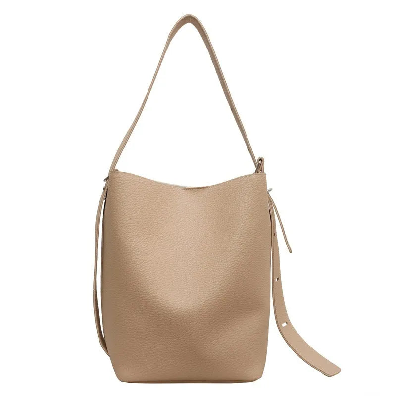Soft PU retro niche bucket bag in beige, square vertical shape, double shoulder straps, 33x29x20cm