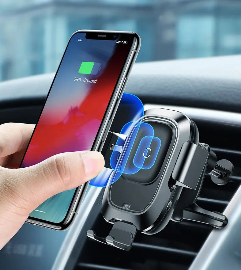 Smart car phone holder wireless charger black with sensor bracket for air vent mounting