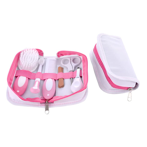 Crimson cherry pink baby nail care set with 6 grooming tools measuring 17x20x4cm
