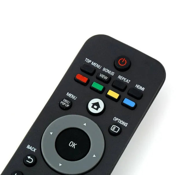 Black plastic universal remote control for Philips Blu-ray disc player BDP7500/98, 18.5 x 4.7cm