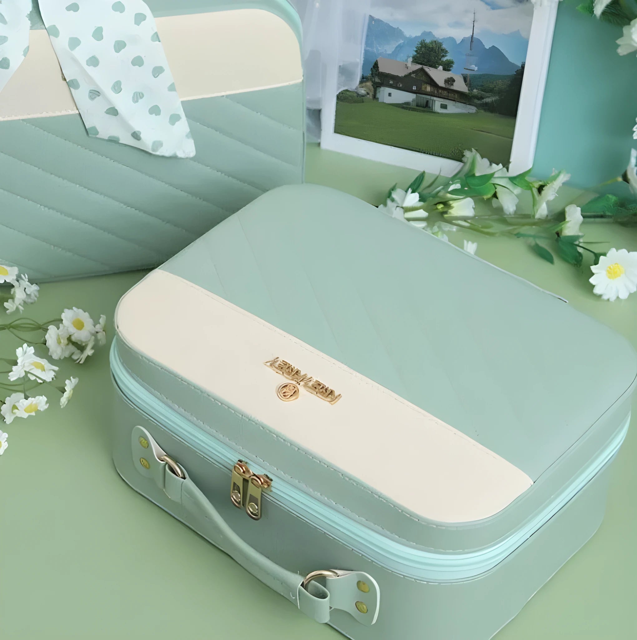 Creative blind box luggage gift set in green or red leather with five style variations