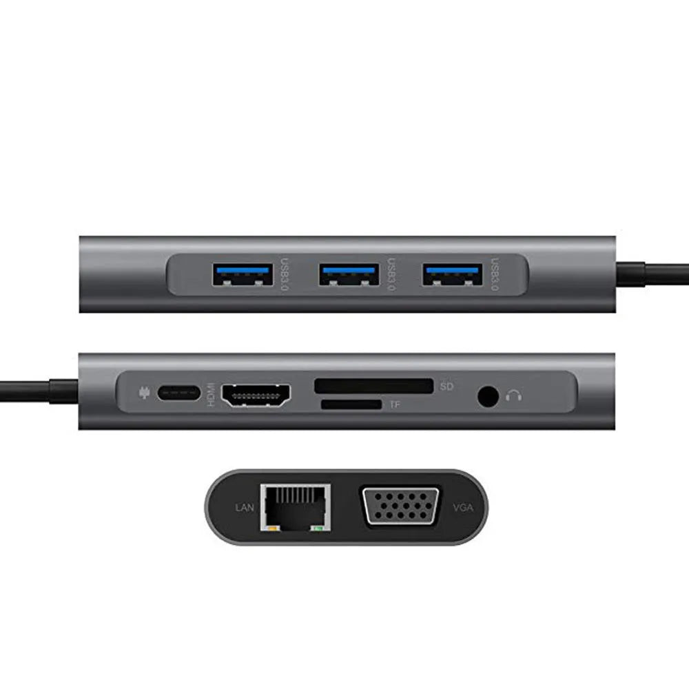 Grey 10-in-1 USB Type-C expansion dock with HDMI, VGA, Ethernet, USB 3.0 ports, and card readers