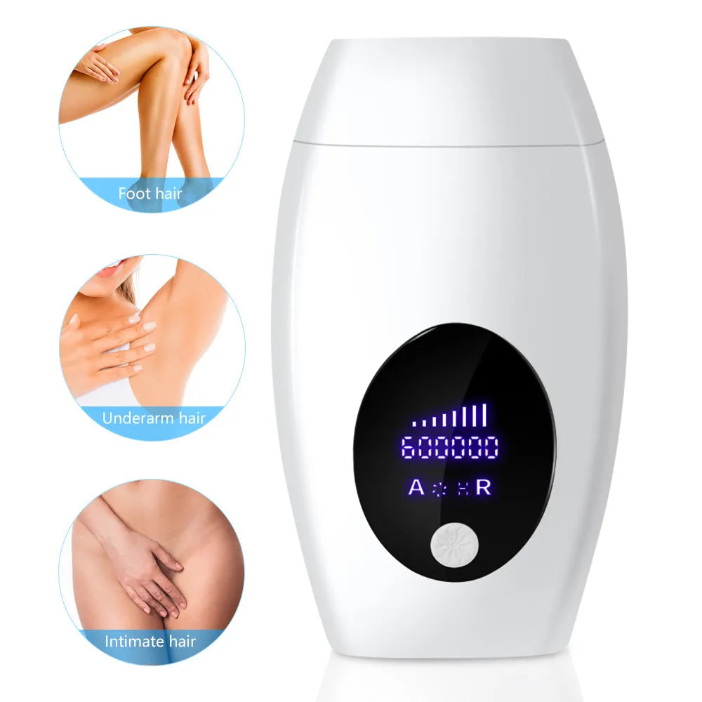 Laser hair remover with LCD display, 600,000 flashes, compact design, white finish