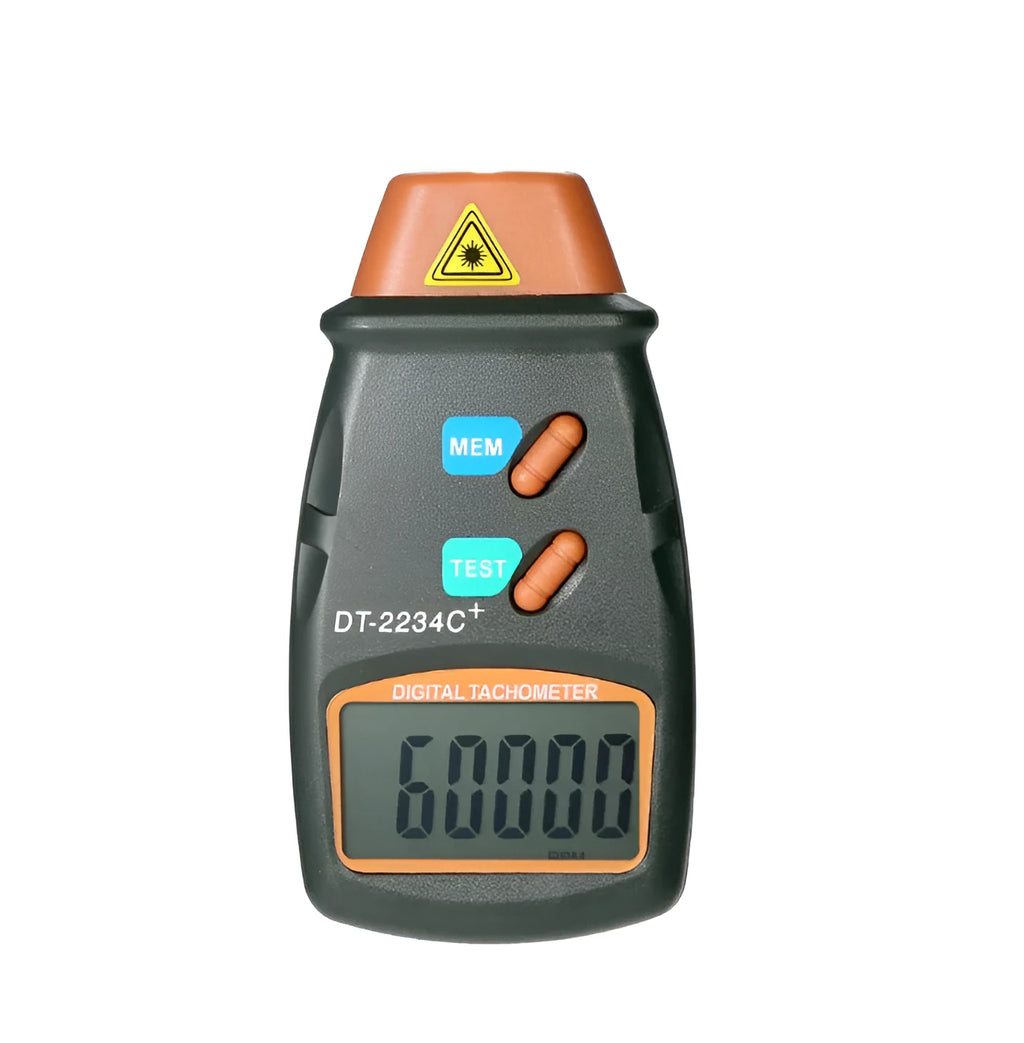 Digital tachometer in dark grey ABS plastic with 5-digit LCD display and black buttons on white background