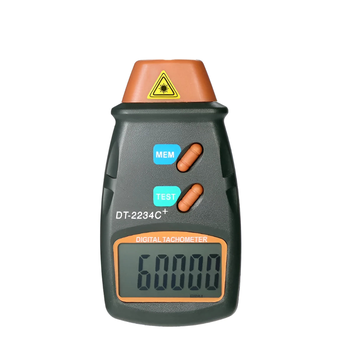 Digital tachometer in dark grey ABS plastic with 5-digit LCD display and black buttons on white background