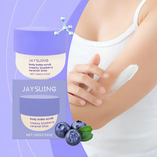 Blueberry Caramel mild body scrub cream in a 100g tub with exfoliating walnut shell powder
