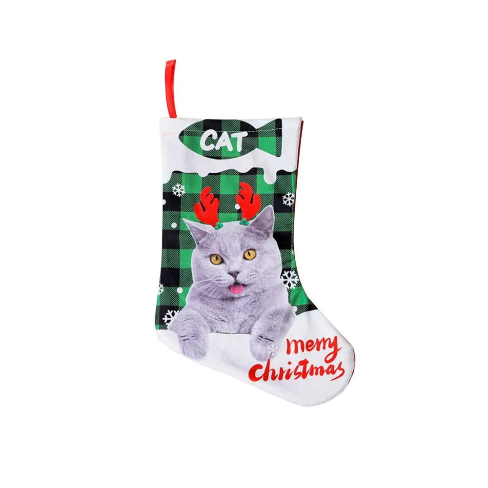 26x36cm printed cloth Christmas banner with puppy and cat designs in plaid patterns