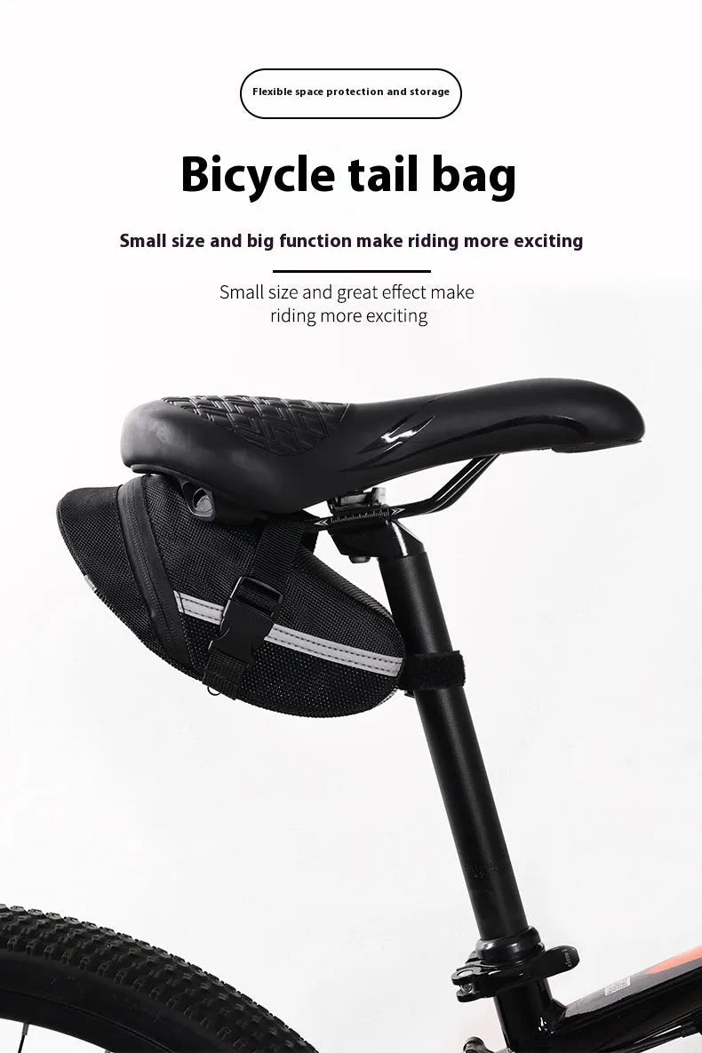Black polyester bicycle saddle bag with quick release mount under a bike seat