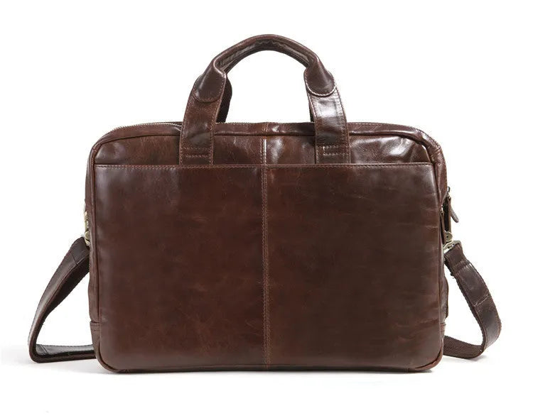 Brown men's business briefcase made from first layer cowhide leather with 18-inch capacity