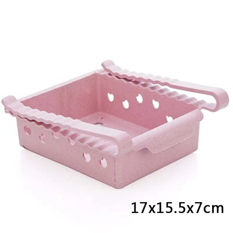Hanging plastic refrigerator storage rack with drawer compartments and clapboard design for kitchen organisation