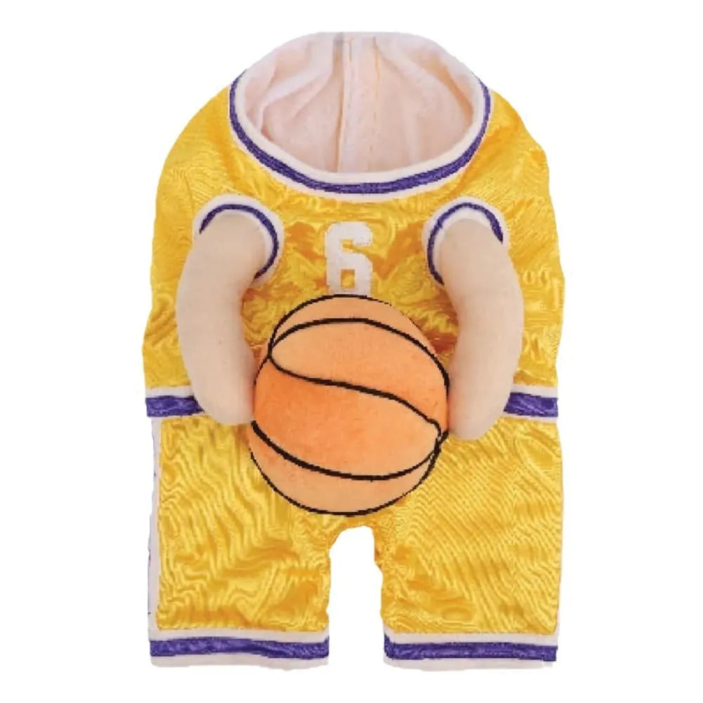 Red dog basketball costume with a ball next to a yellow version, shown in small, medium, and large sizes.