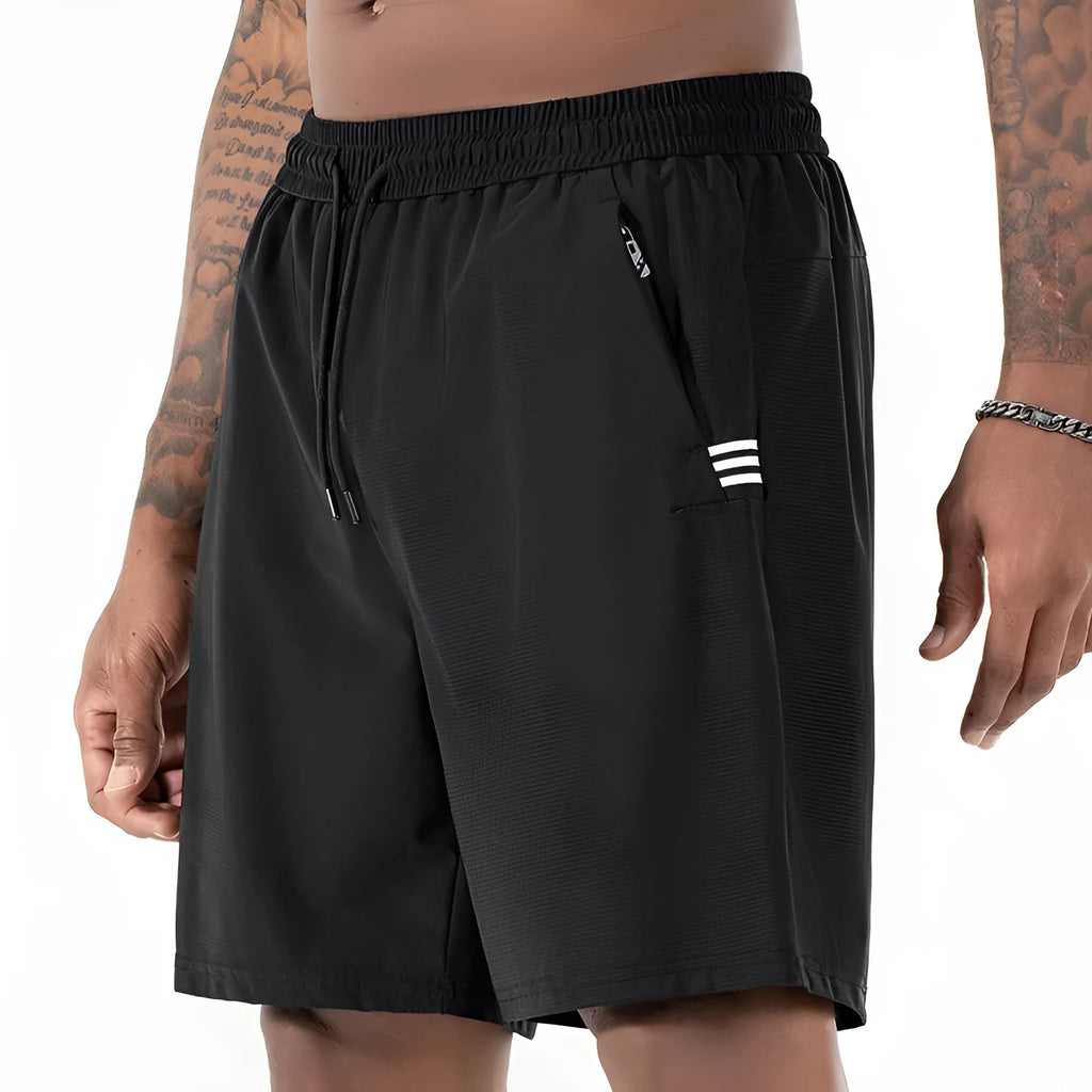 Men's black ice silk quick-dry sports shorts with a drawstring high waist, shown in a size XL.