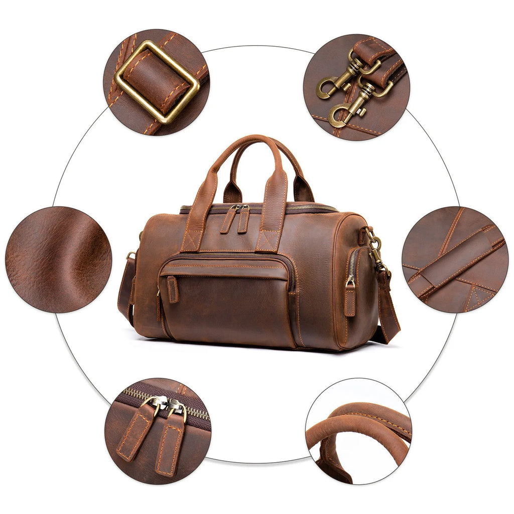 Leather retro men's hand luggage bag large capacity coffee colour soft strap