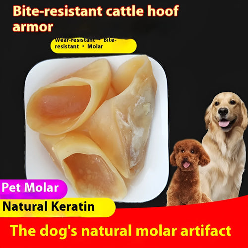 Natural cowhide dog chew rods in hoof shell colour, shown in two sizes for small and medium-large dogs
