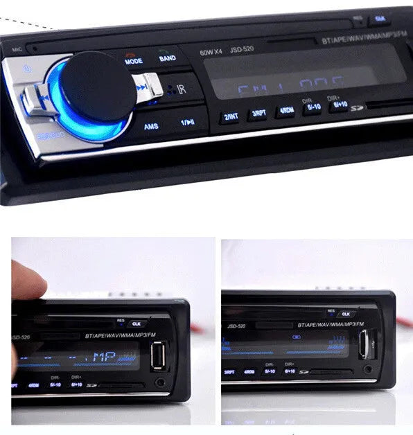 Bluetooth car stereo FM radio with USB SD card slots and remote control for 12V vehicles