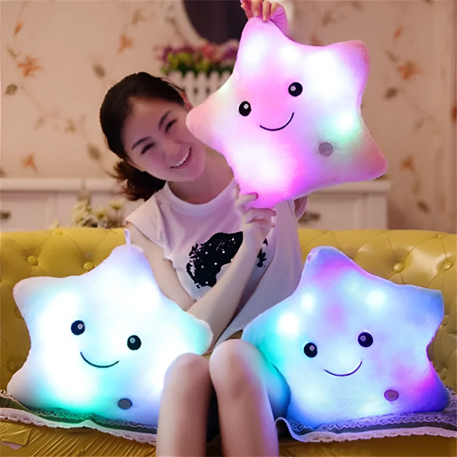 Glowing five-pointed star plush pillow with luminous feature in assorted colours