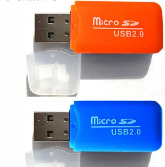 Compact white Mini USB TF card reader with separate SD card adapter for 16GB MicroSD memory cards.