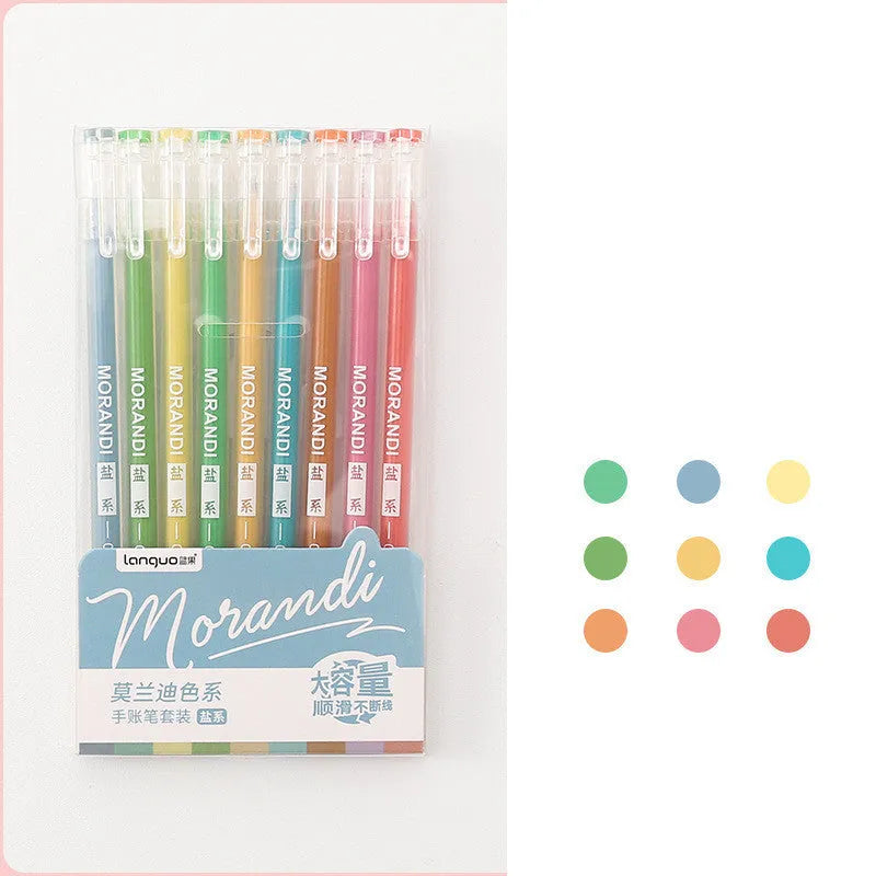 Nine Japanese gel pens in plastic case with 0.5mm needle tips in retro colour theme