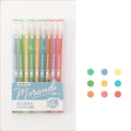 Nine Japanese gel pens in plastic case with 0.5mm needle tips in retro colour theme