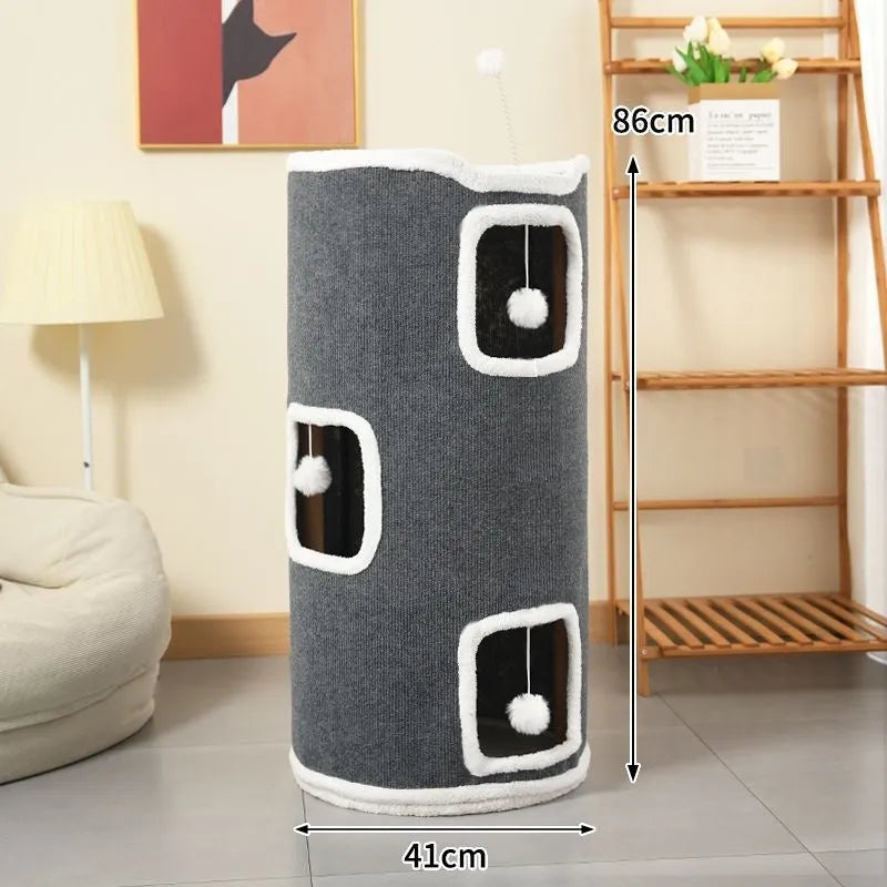 MDF cat climbing frame with scratching post and semi-enclosed square tree hole bed, simple style