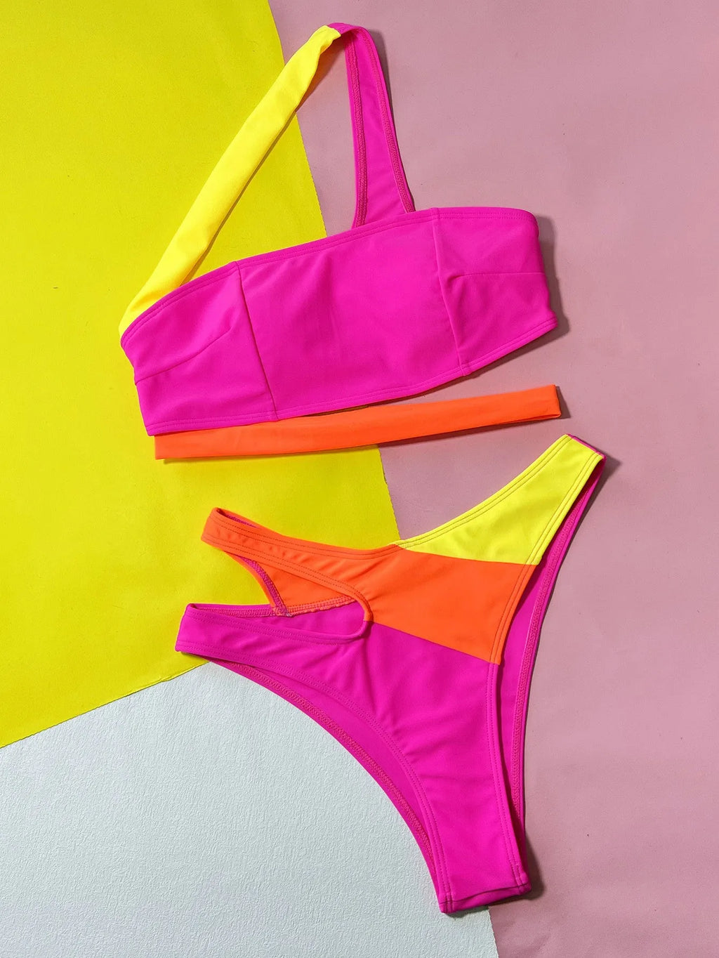 Rose red hollow contrast colour split bikini swimsuit with brief style bottoms