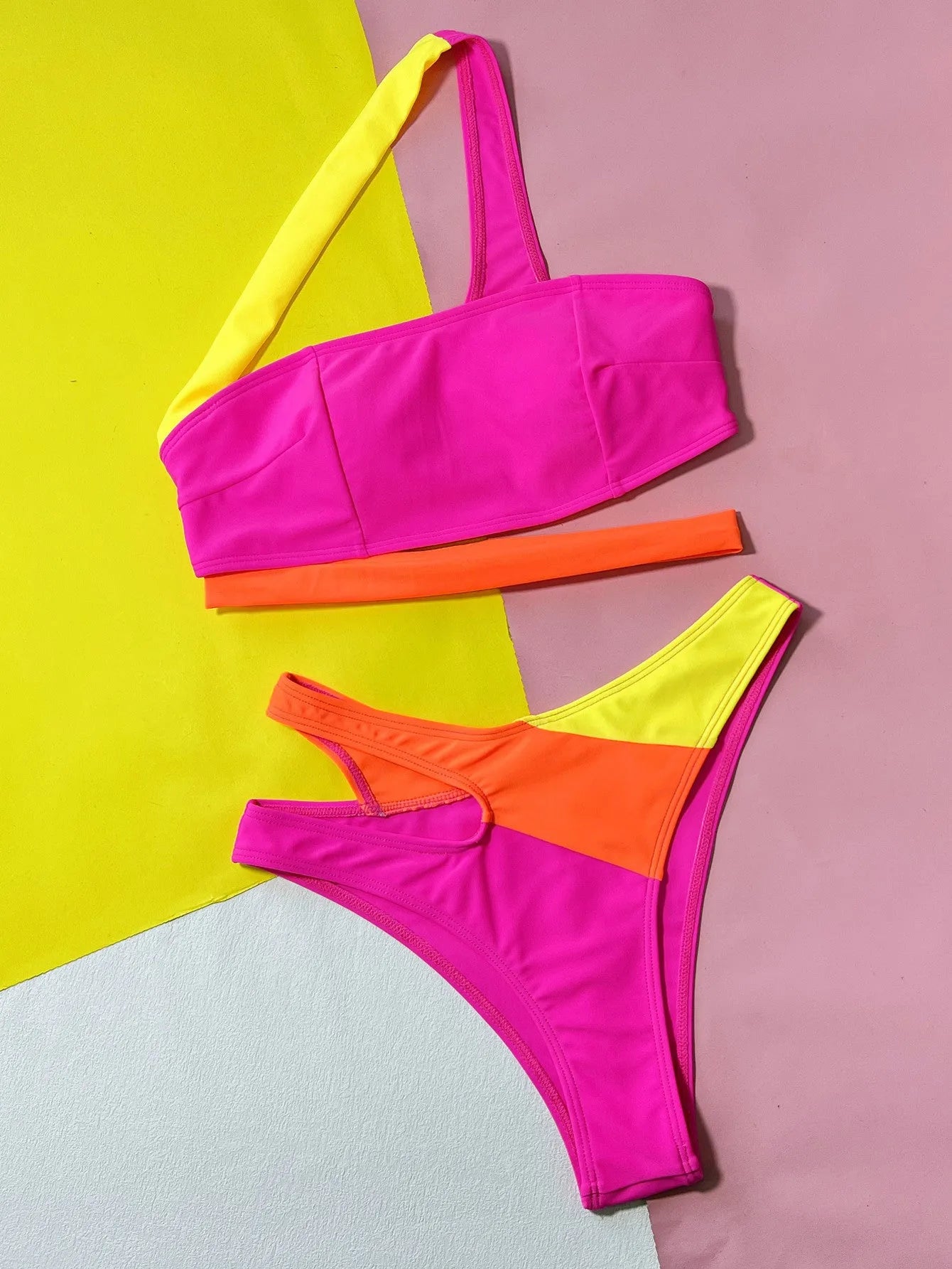 Rose red hollow contrast colour split bikini swimsuit with brief style bottoms