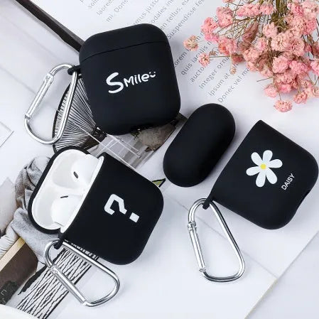Black and Pink wireless headset cases for Apple AirPods with decorative Flower, Love, Smiley face patterns