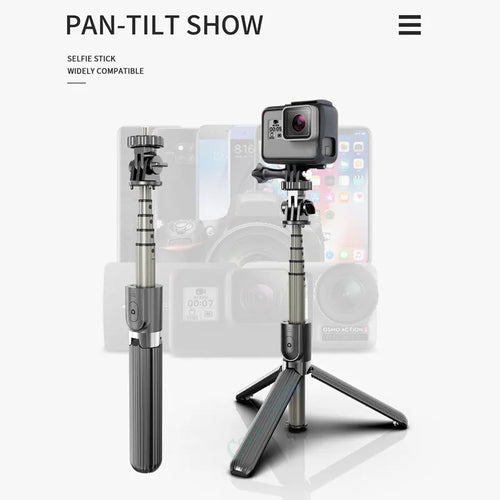 Black adjustable tripod selfie stick extended to full height with iPhone mounted