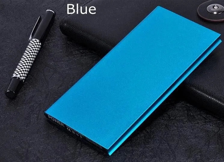 8000mAh aluminium alloy power bank with LED light and two USB ports in various colours.