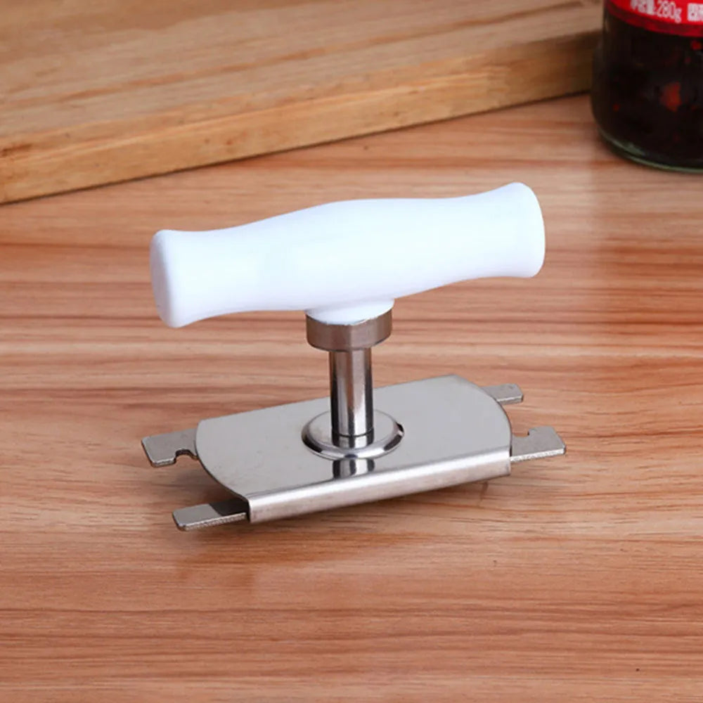 White stainless steel adjustable bottle cap opener with PP handle showing gear mechanism