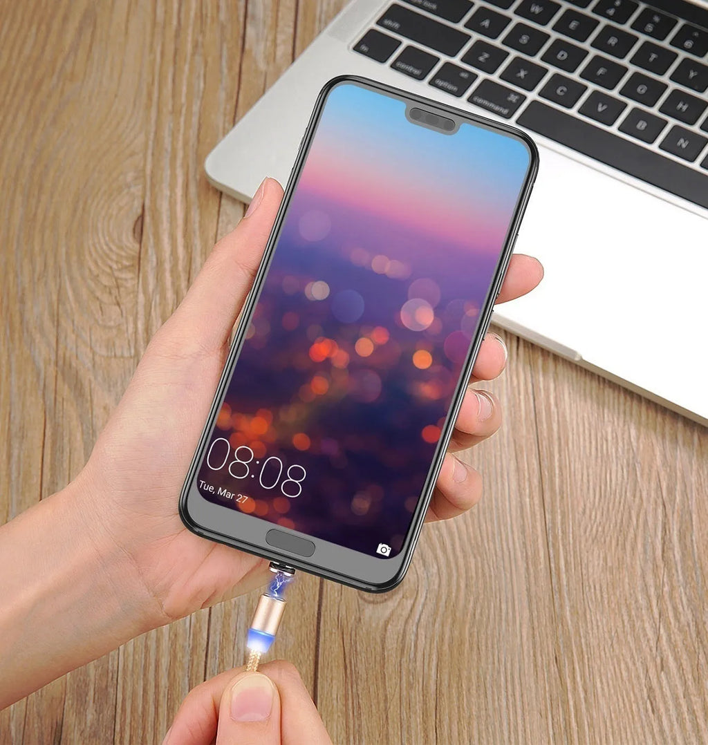 USLION circular magnetic charging cable in black, showing magnetic connector and plug for Android, iOS, or Type-C device.