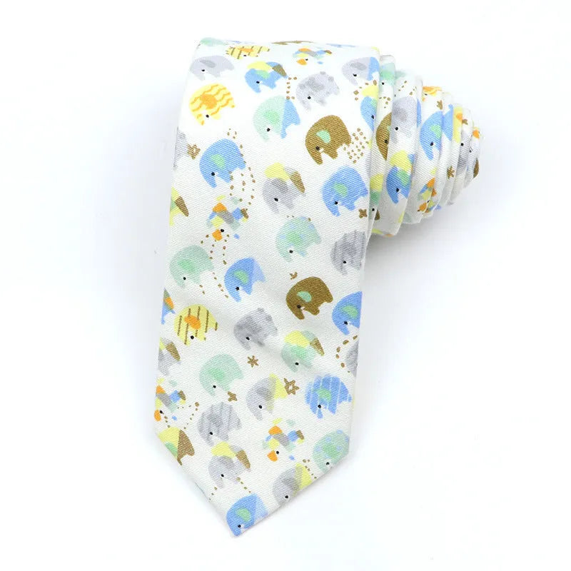 Narrow Korean style cotton bow tie with a printed cartoon pattern in various colours.
