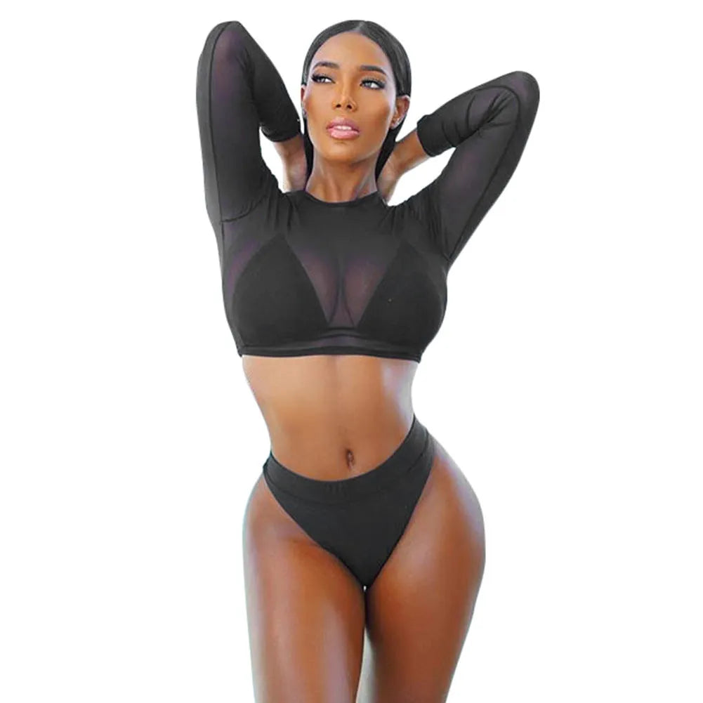 Women's orange solid high waist see-through bikini set with wire-free top and removable pads