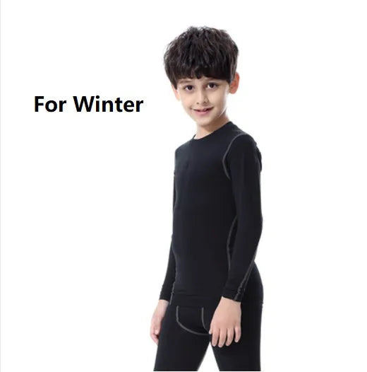 Kids sportswear set including t-shirts, shorts, and trousers in polyester spandex fabric