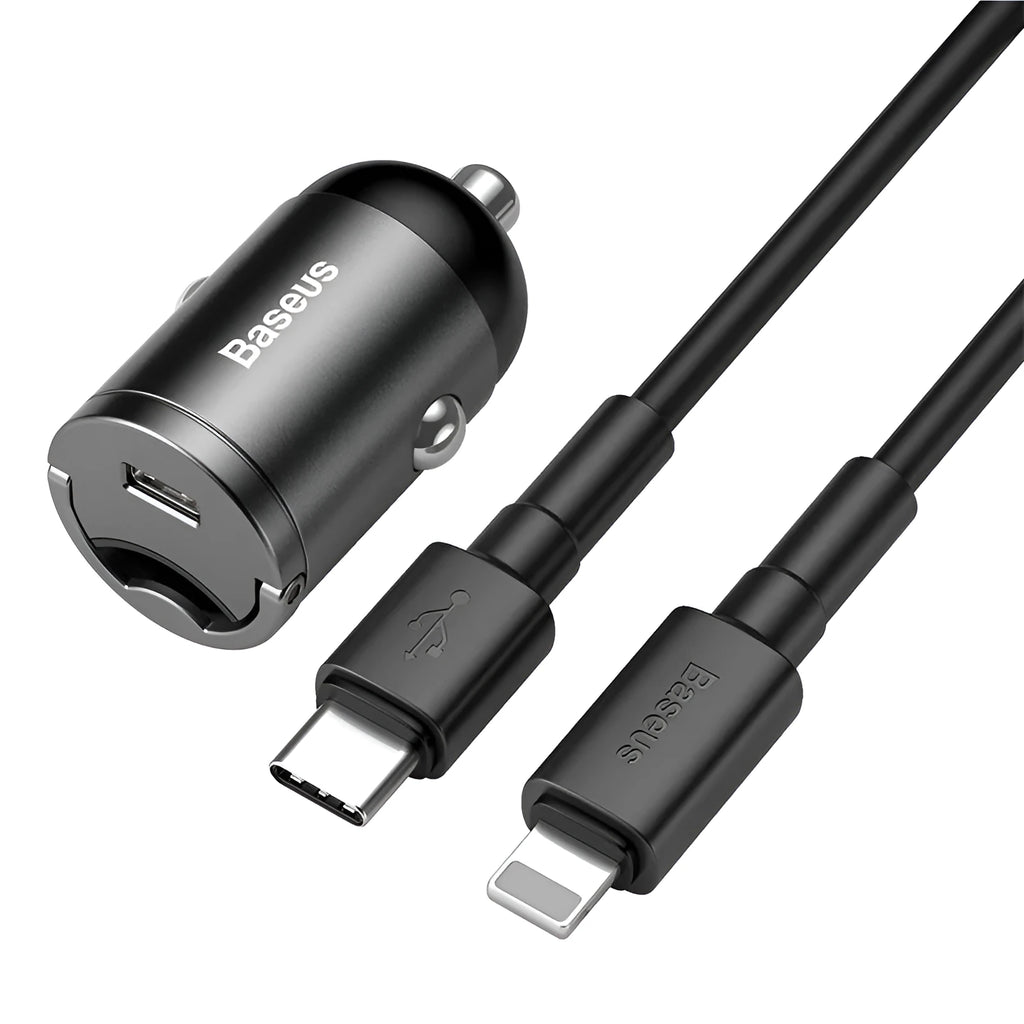 Baseus Huixiaoxing Mini Car Charger 30W single USB PPS fast charger in electro-optic grey with attached 1m cable