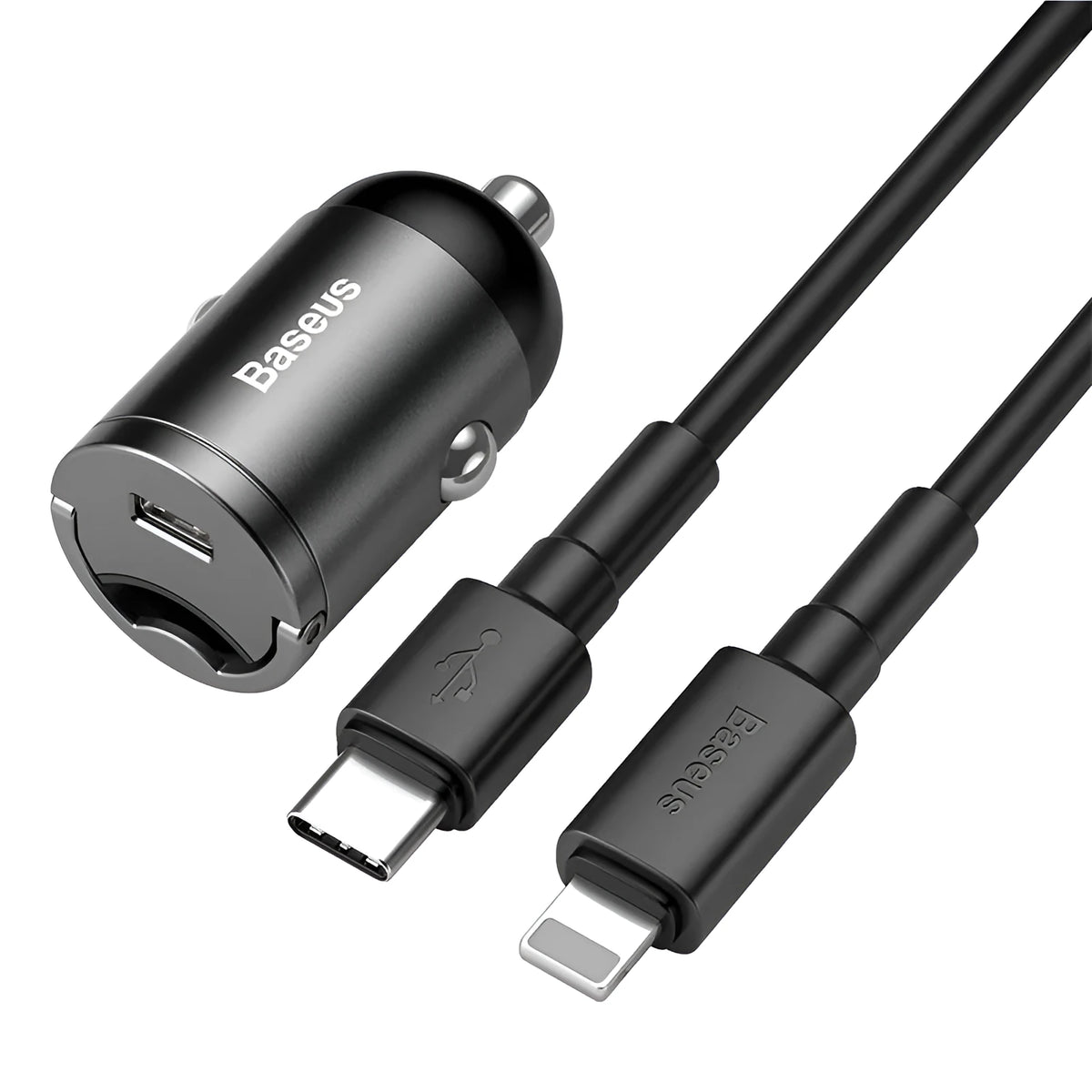 Baseus Huixiaoxing Mini Car Charger 30W single USB PPS fast charger in electro-optic grey with attached 1m cable