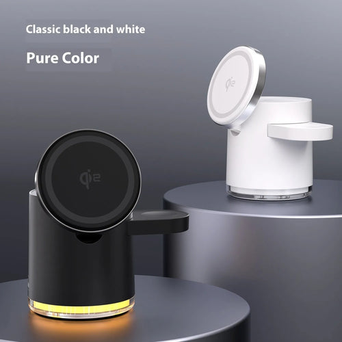 C16 folding three-in-one wireless charger in black showing phone, watch and earphones charging simultaneously