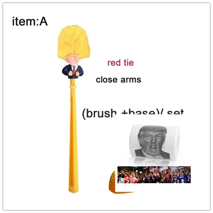 Yellow plastic Donald Trump toilet brush with hanging slot on handle.