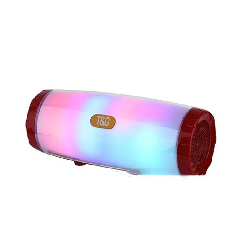 Portable Bluetooth speaker with coloured LED lights in a choice of five colours including black and blue.