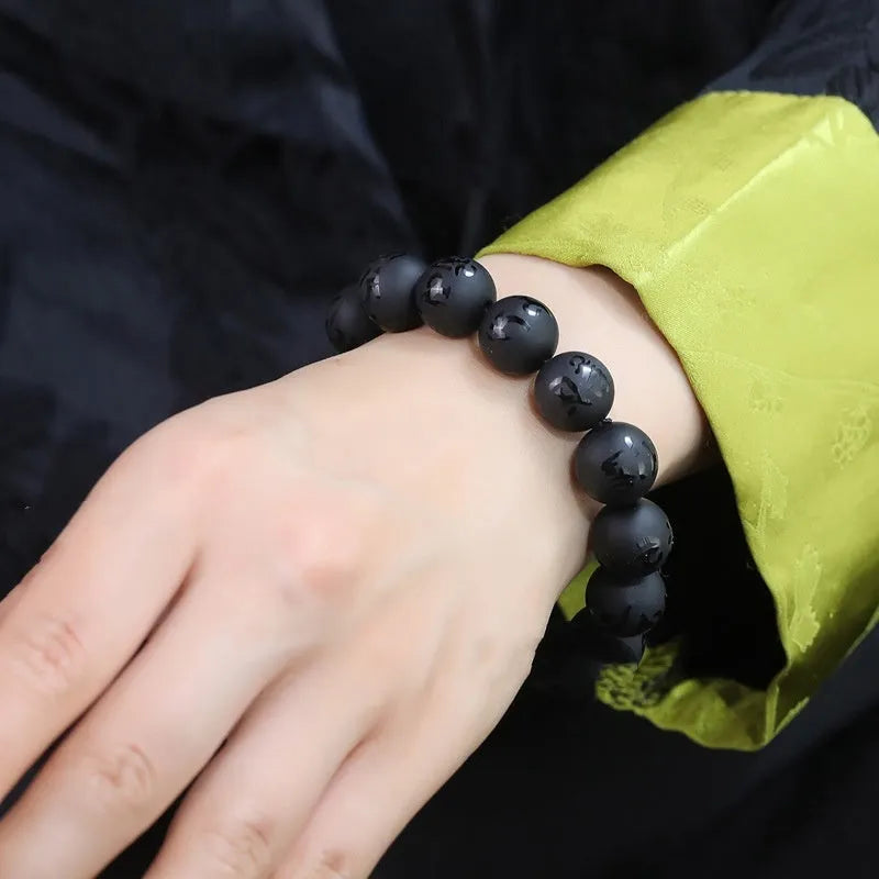 Natural black agate Sanskrit mantra bracelet with frosted finish and auspicious Chinese patterns