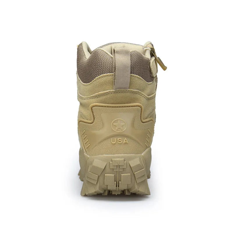 Men's black US Army Delta style tactical boots with leather and velvet upper and rubber sole.