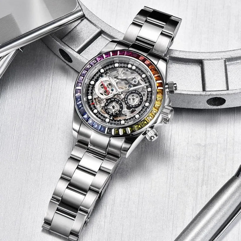 Dial design transparent men's mechanical watch with 40mm diameter, sapphire crystal glass, and stainless steel buckle