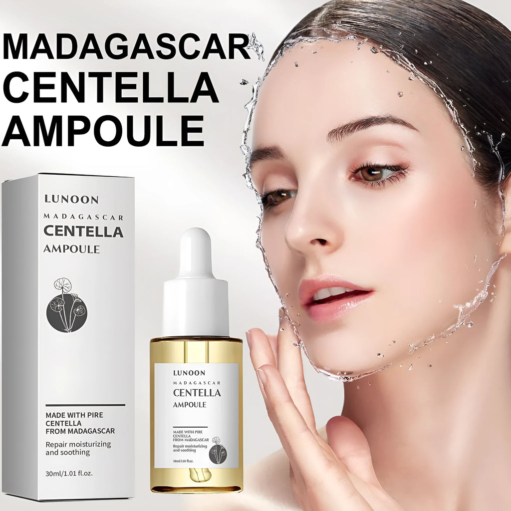 Centella Asiatica facial essence serum 30 ml bottle for pore shrink, brightening, and soothing on a white background