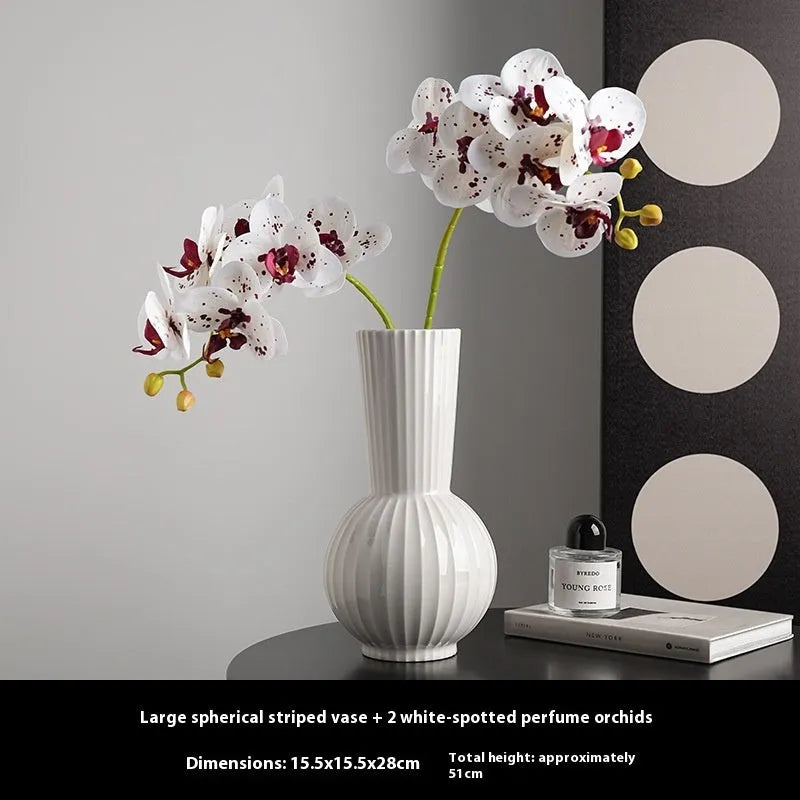 White ceramic ball striped vase in American country style with optional artificial orchid arrangements
