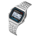 WR F91W electronic watch with stainless steel strap, number display, square dial, black colour