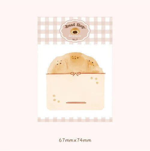 Food-themed pocket note paper cards in bread, tomato, and yoghurt colours, sized 85mm by 120mm.