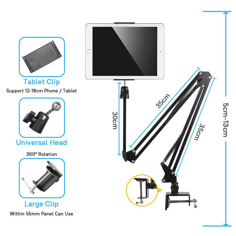 Black lazy mobile phone holder made of carbon steel and aluminium alloy placed on a bedside table.